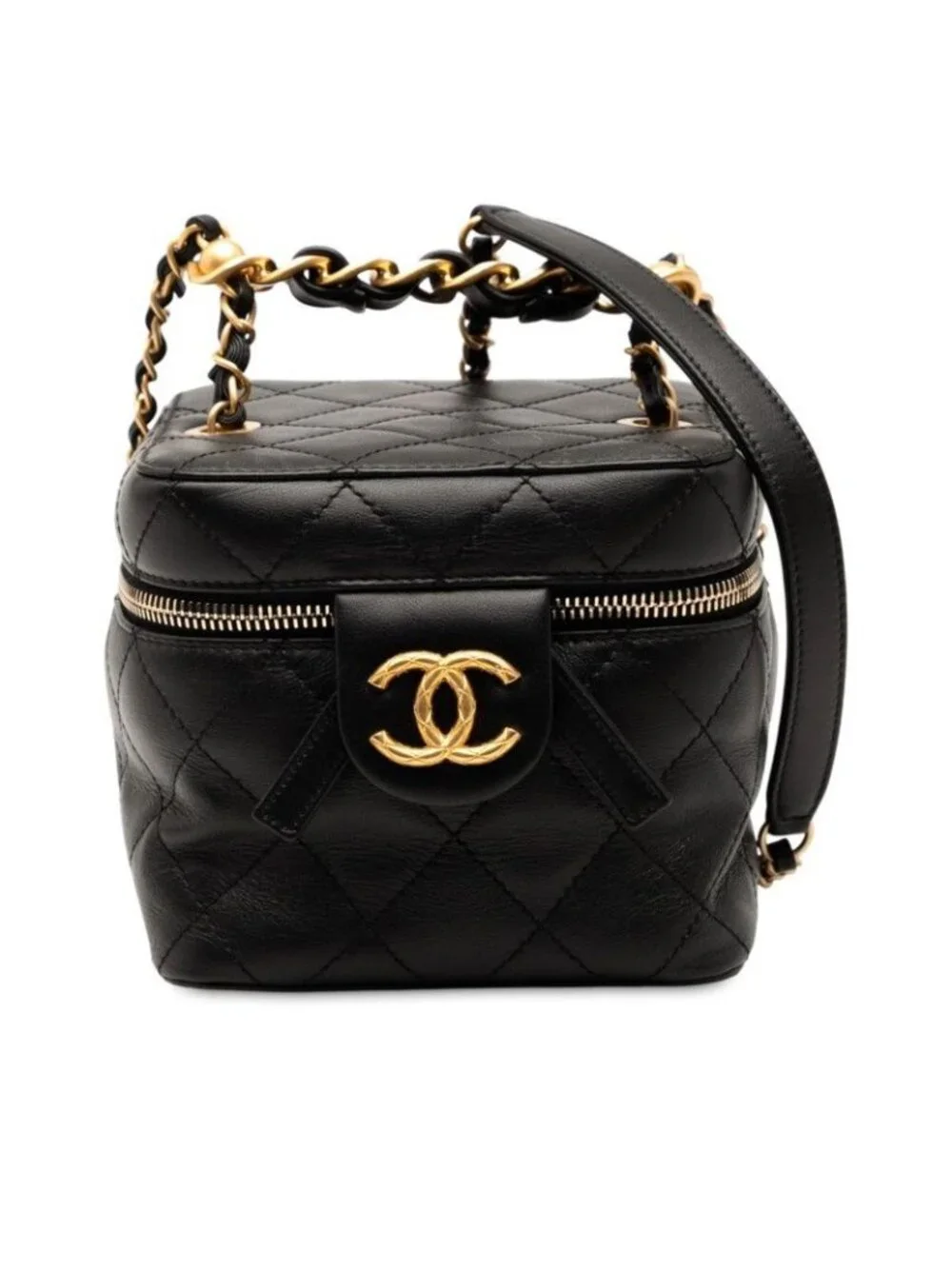 Chanel CC Logo Quilted Chain Shoulder Bag Vanity Black Lambskin